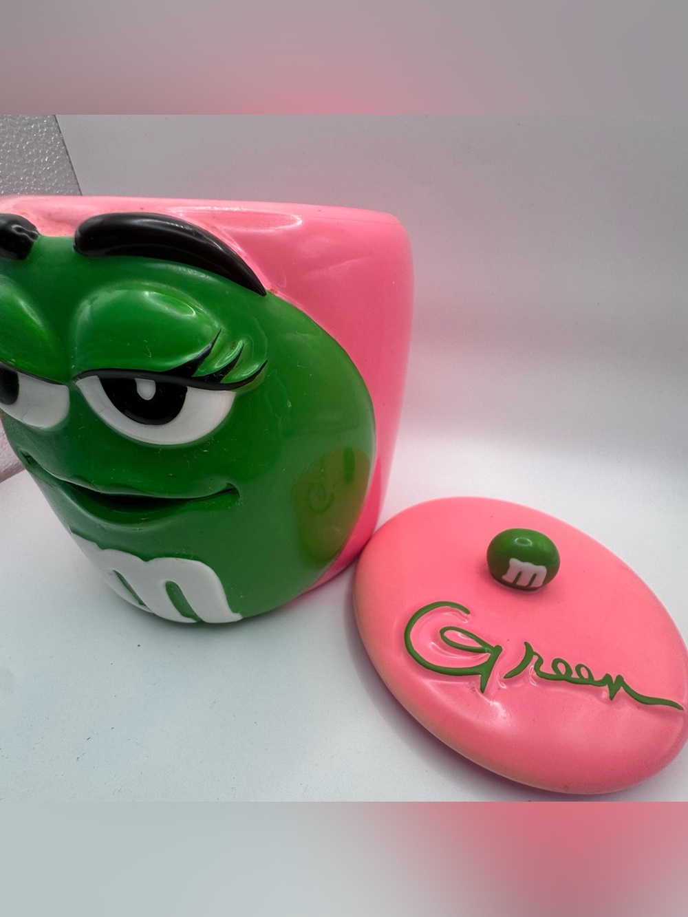 Vintage 2003 M&M’s Green Character Ceramic Cookie Jar Galerie Pink Mars - Picture 9 of 13